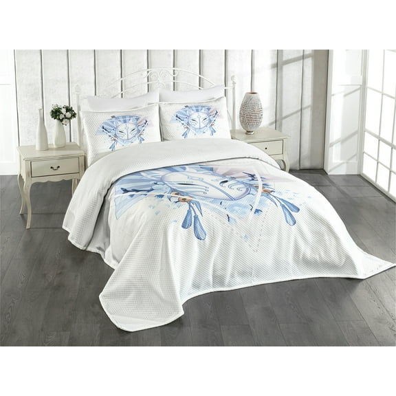 Ambesonne Kabuki Quilted Bedspread Set 3 Pcs, Fox Kitsune, Queen Size, Pale Blue White Beige