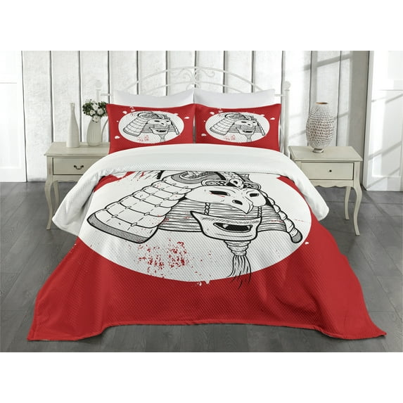 Ambesonne Kabuki Quilted Bedspread Set 3 Pcs, Grunge Stained Ronin Face, Queen Size, Red White and Black