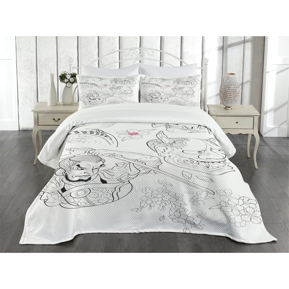 Ambesonne Kabuki Quilted Bedspread Set 3 Pcs, Japanese, Queen Size, Black White Pink