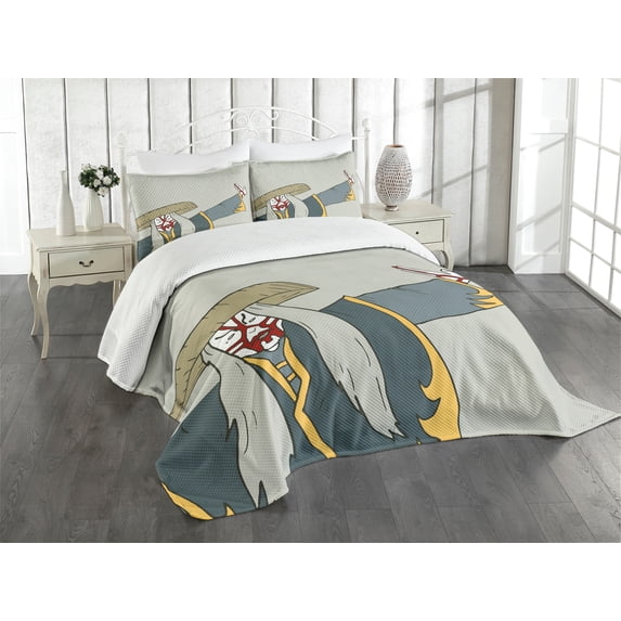 Ambesonne Kabuki Quilted Bedspread Set 3 Pcs, Old Japanese Person, King Size, Multicolor