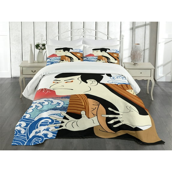Ambesonne Kabuki Quilted Bedspread Set 3 Pcs, Performer Portrait, King Size, Multicolor