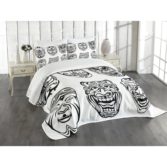 Ambesonne Kabuki Quilted Bedspread Set 3 Pcs, Theatrical Japanese, Queen Size, Black and White