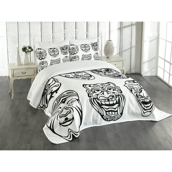 Ambesonne Kabuki Quilted Bedspread Set 3 Pcs, Theatrical Japanese, Queen Size, Black and White