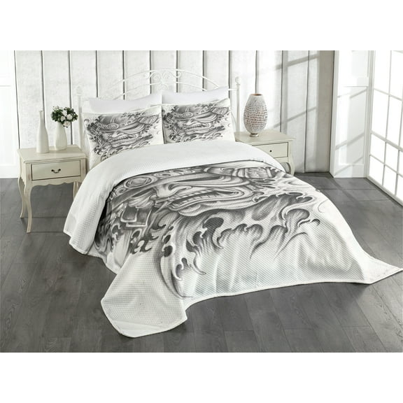 Ambesonne Kabuki Quilted Bedspread Set 3 Pcs, Warrior Samurai Art, Queen Size, Black White