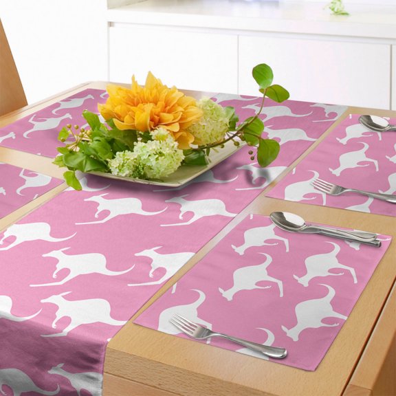 Ambesonne Kangaroo Table Runner & Placemats, Diagonal Alignment Pattern, Placemat 4 pcs + Runner 16"x72", Pink and White