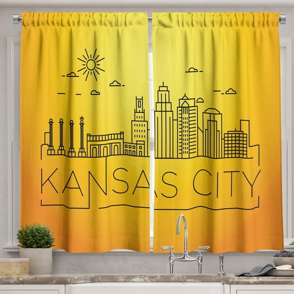 Ambesonne Kansas City Kitchen Curtains, Minimal Linear City, 55"x45", Orange Yellow Black