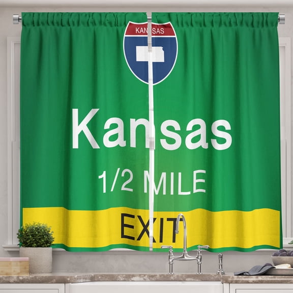 Ambesonne Kansas City Kitchen Curtains, USA Roadway Sign Art, 55"x39", Forest Green and Earth Yellow
