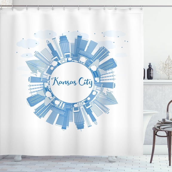 Ambesonne Kansas City Shower Curtain, Buildings Circular Form, 69"Wx70"L, Azure Blue and Pale Grey