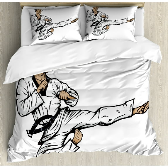 Ambesonne Karate Duvet Cover Set, Senpai with Black Belt Kick, King, Tan Black
