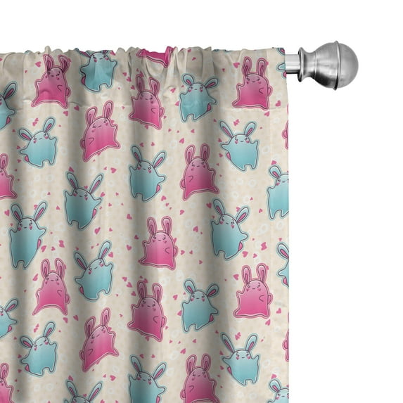 Ambesonne Kawaii Window Curtains, Fun Cartoon Hearts, Each 28" W x 63" L, Pale Blue Pink Beige