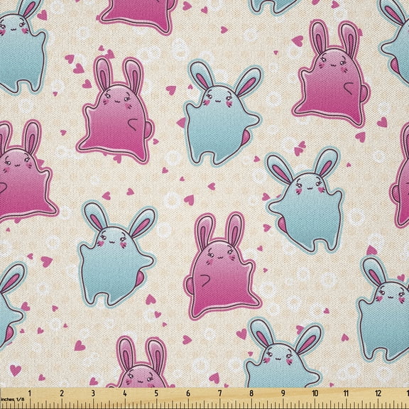 Ambesonne Kawaii Fabric by the Yard Microfiber, Fun Cartoon Hearts, 2 Yards, Pale Blue Pink Beige
