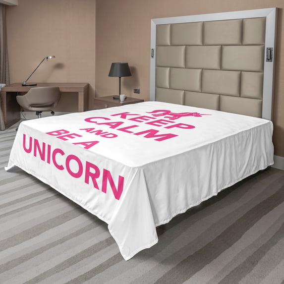 Ambesonne Keep Calm Flat Sheet, Be a Unicorn Text, California King, Pink White