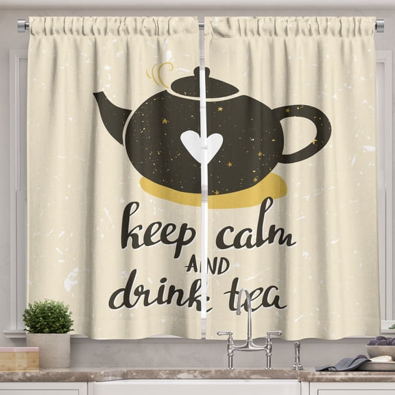 Ambesonne Keep Calm Kitchen Curtains, Drink Tea Teapot, 55"x45", Green Eggshell