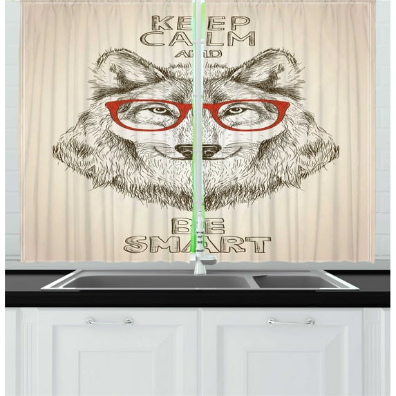 Ambesonne Keep Calm Kitchen Curtains, Hipster Wolf Be Smart, 55"x45", Pale Mustard Taupe