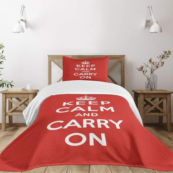 Ambesonne Keep Calm Quilted Bedspread Set 2 Pcs, Royal UK Crown Red, Twin Size, Red White