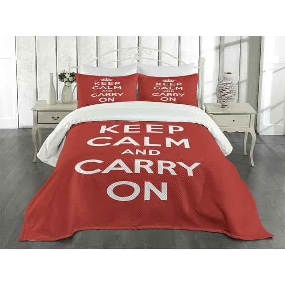 Ambesonne Keep Calm Quilted Bedspread Set 3 Pcs, Royal UK Crown Red, King Size, Red White