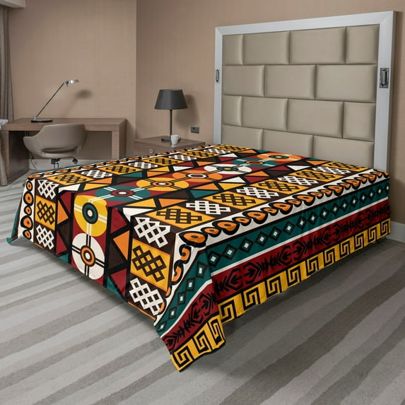 Ambesonne Kente Pattern Flat Sheet, Prehistoric Borders, King Size, Multicolor