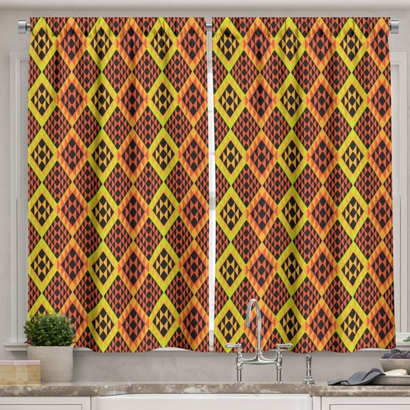 Ambesonne Kente Pattern Kitchen Curtains, Peruvian Rhombus, 55"x39", Vermilion Yellow