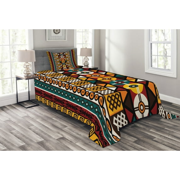 Ambesonne Kente Pattern Quilted Bedspread Set 2 Pcs, Prehistoric Borders, Twin Size, Multicolor
