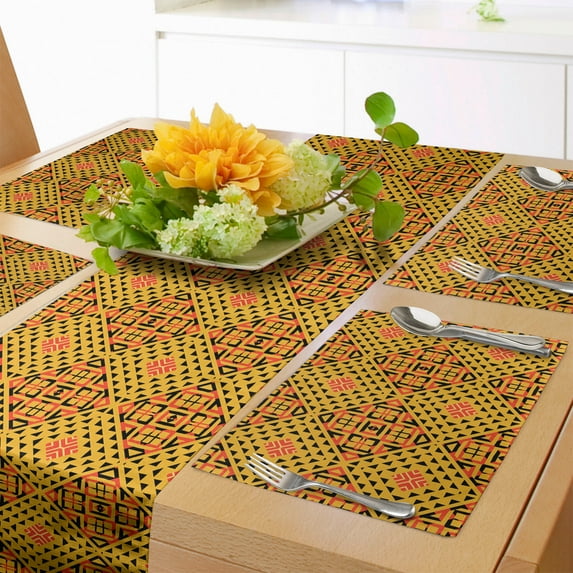 Ambesonne Kente Pattern Table Runner & Placemats, Warm Tones Tribal, Placemat 4 pcs + Runner 14"x90", Earth Yellow Vermilion