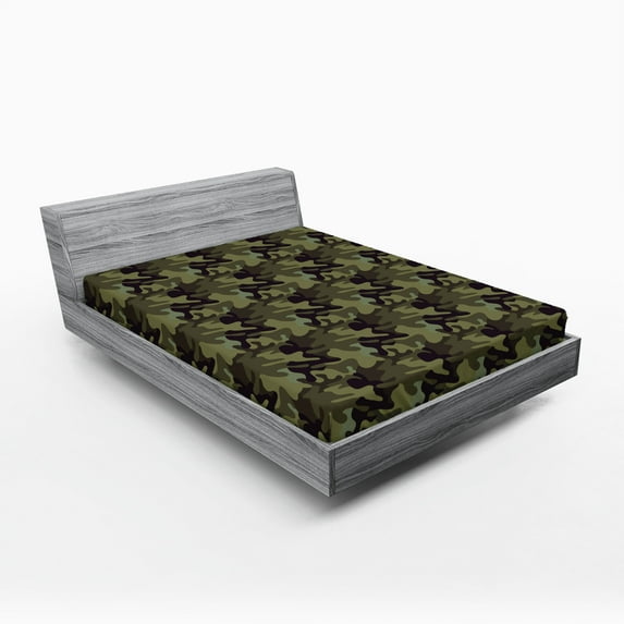 Ambesonne Khaki Fitted Sheet, Camouflage Motif Camo Stains, King Size, Army Green Slate Brown