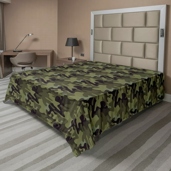 Ambesonne Khaki Flat Sheet, Camouflage Motif Camo Stains, California King, Army Green Slate Brown
