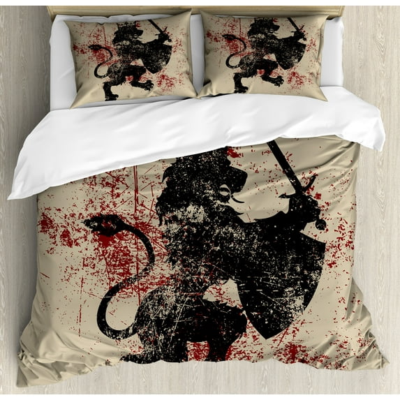 Ambesonne King Duvet Cover Set, Courage Lion, 2-Calking, Black White and Burgundy