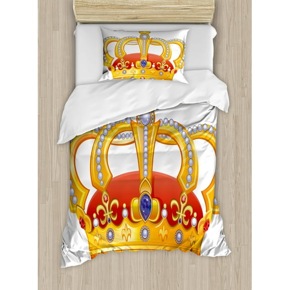 Ambesonne King Duvet Cover Set, Majestic Royal Sign Crown, Twin, Marigold Orange