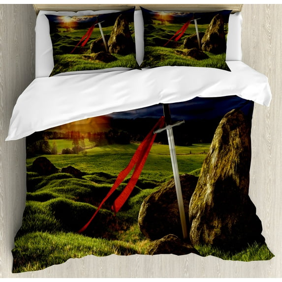 Ambesonne King Duvet Cover Sets, Arthur Camelot England Myth, 2-Queen, Green Blue and Red