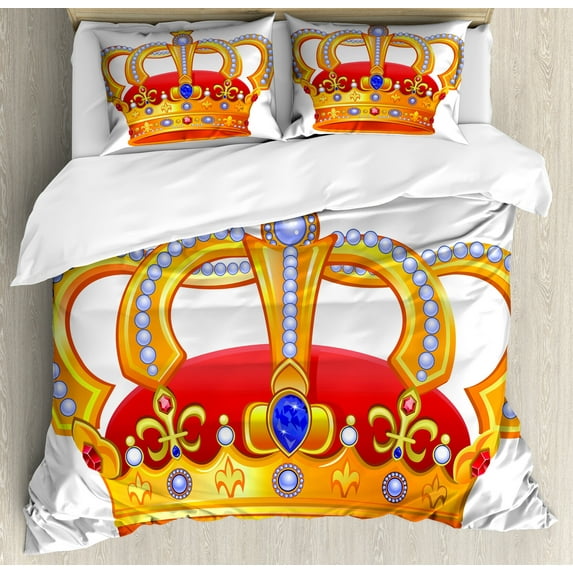 Ambesonne King Duvet Cover Sets, Majestic Royal Sign Crown, 2-Queen, Marigold Orange