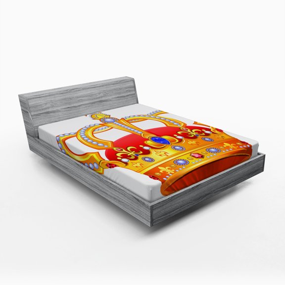 Ambesonne King Fitted Sheet, Majestic Royal Sign Crown, Full Size, Marigold Orange