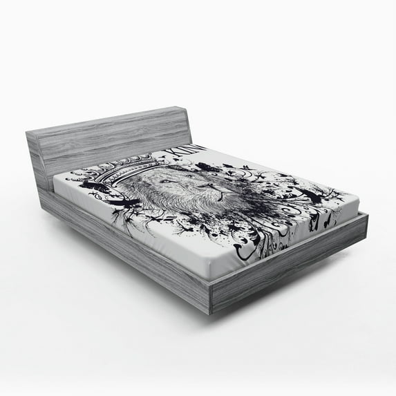 Ambesonne King Fitted Sheet, Reign of the Jungle Lion, Queen Size, White and Black