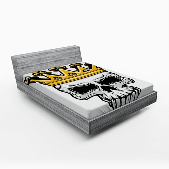 Ambesonne King Fitted Sheet, Skull Cranium with Coronet, Full Size, Orange and Pale Grey