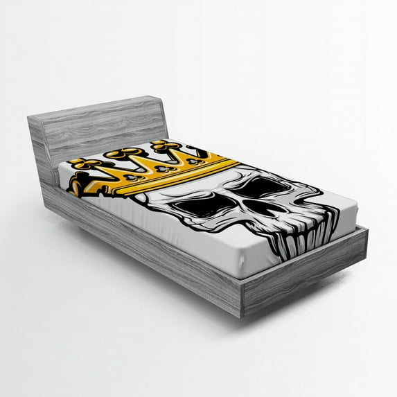 Ambesonne King Fitted Sheet, Skull Cranium with Coronet, Twin XL Size, Orange and Pale Grey