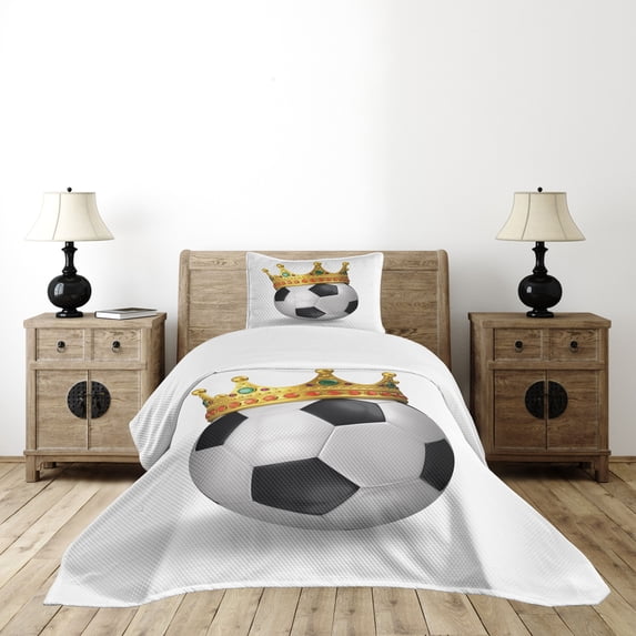 Ambesonne King Quilted Bedspread Set 2 Pcs, Football Soccer with Crown, Twin Size, Multicolor
