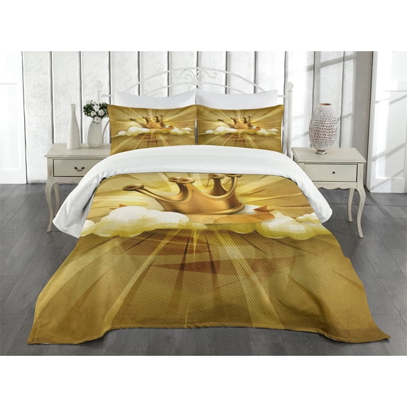 Ambesonne King Quilted Bedspread Set 3 Pcs, Crown and Clouds, King Size, Pale Coffee