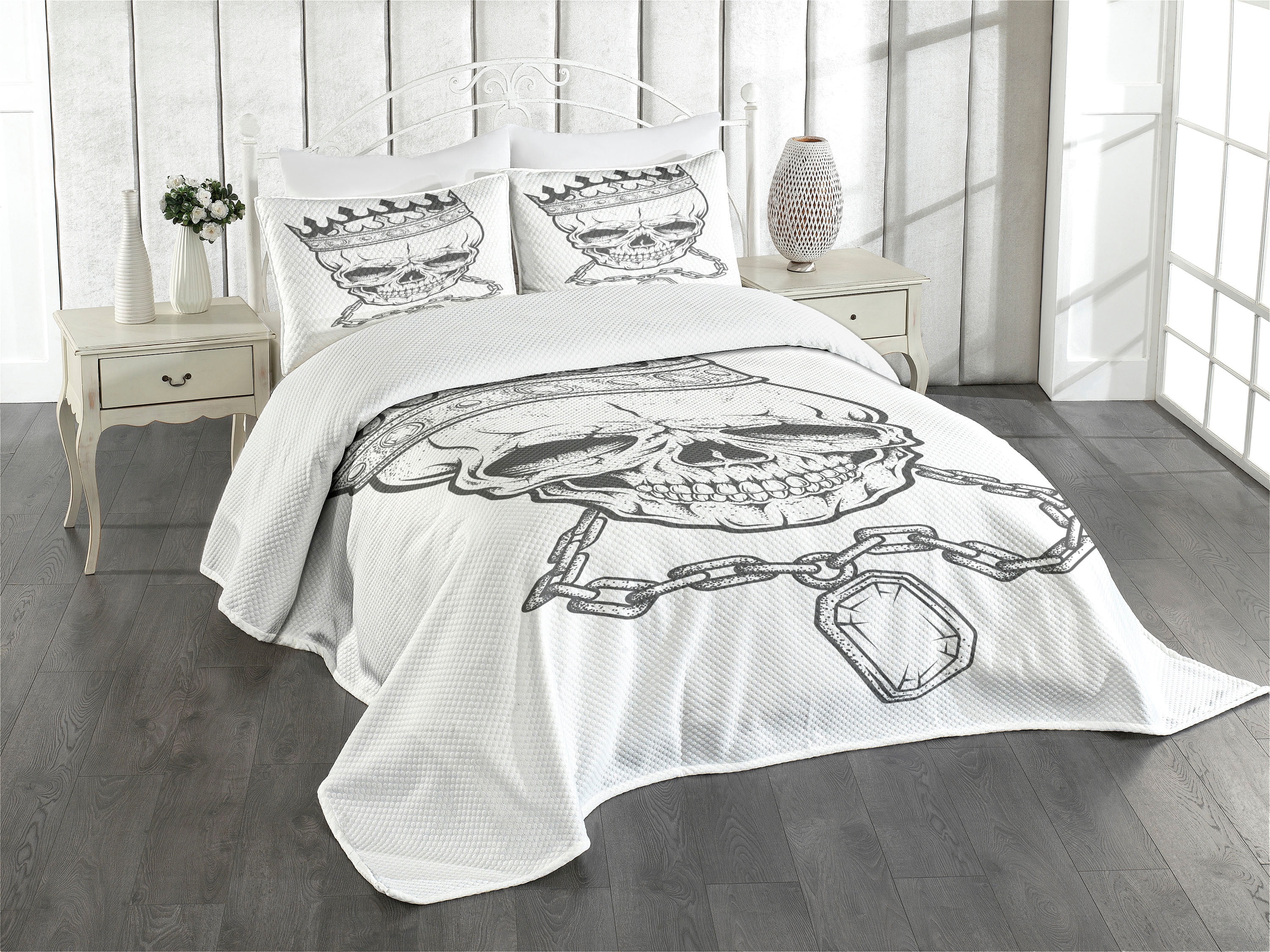 Ambesonne King Quilted Bedspread Set 3 Pcs, Skull Hip Hop Style Sketch ...