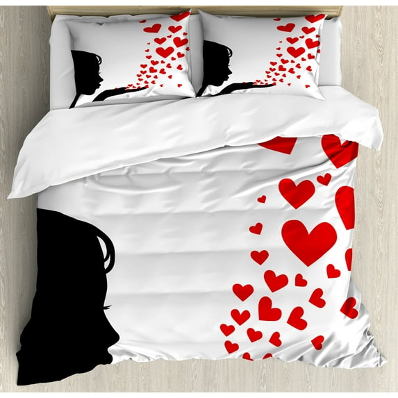 Ambesonne Kiss Duvet Cover Set, Girl Silhouette, 2-Calking, Black White Red