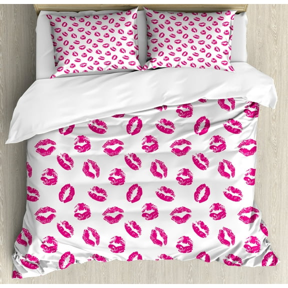 Ambesonne Kiss Duvet Cover Set, Vibrant Colored Lipstick, Calking, Fuchsia White