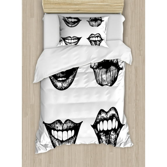 Ambesonne Kiss Duvet Cover Sets, Monochrome Sketch Style, 2-Twin, Charcoal Grey and White