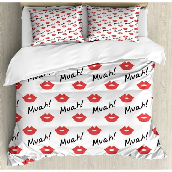 Ambesonne Kiss Duvet Cover Sets, Red Woman Lips Romance, 2-King, Vermilion White