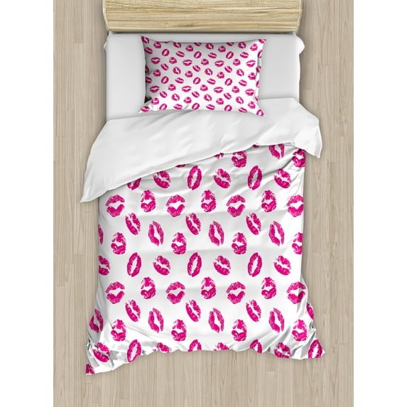 Ambesonne Kiss Duvet Cover Sets, Vibrant Colored Lipstick, 2-Twin, Fuchsia White