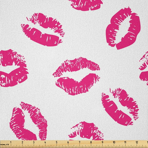 Ambesonne Kiss Fabric by the Yard Microfiber, Vibrant Colored Lipstick, 1 Yard, Fuchsia White