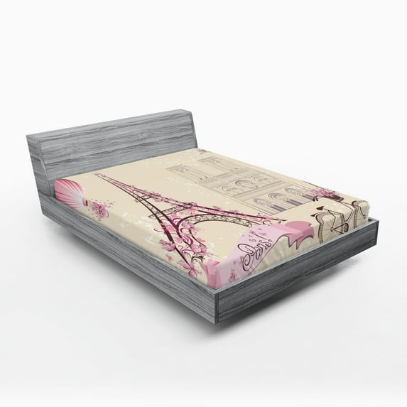 Ambesonne Kiss Fitted Sheet 2 Pcs Set, Floral Paris Eiffel, Full, Ivory Pink