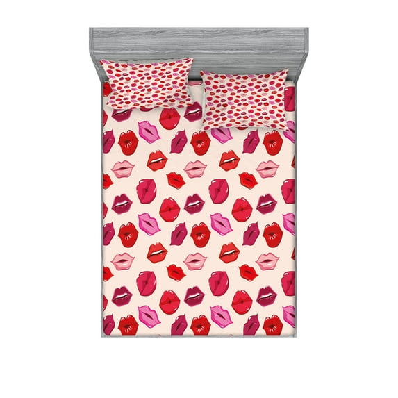Ambesonne Kiss Fitted Sheet & Pillow Sham Set, Vivid Colored Lips Glamour, King, Pale Rose and Multicolor