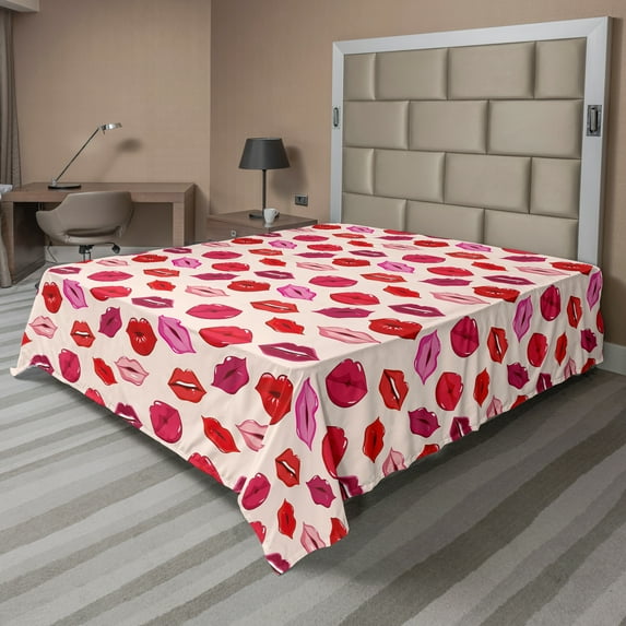 Ambesonne Kiss Flat Sheet, Vivid Colored Lips Glamour, California King, Pale Rose and Multicolor