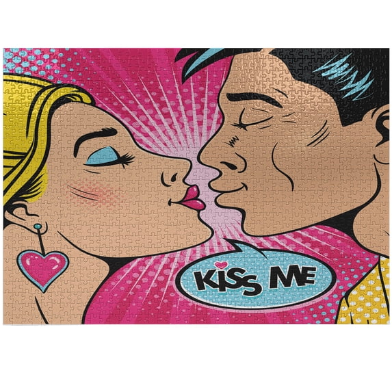 Ambesonne Kiss Me Jigsaw Puzzle Durable Cardboard, Young Pop Art Couple, 1000 pcs, Multicolor