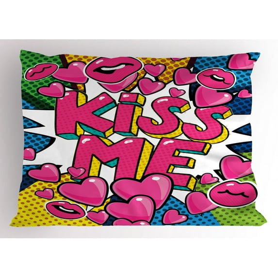 Ambesonne Kiss Me Pillow Sham, Retro Hearts Lipstick, 26" X 20", Multicolor
