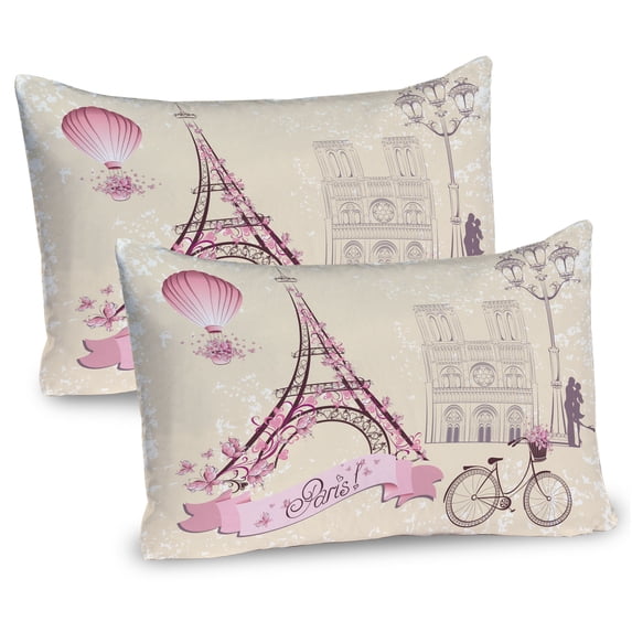Ambesonne Kiss Pillow Sham 2 Pack, Floral Paris Eiffel, 30"x20", Ivory Pink