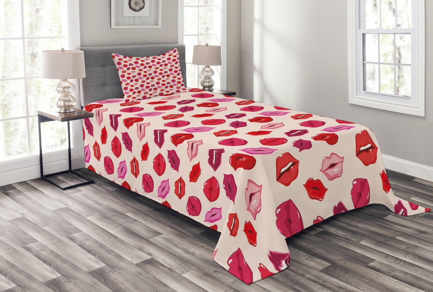 Ambesonne Ambesonne Kiss Bedspread Set Vivid Colored Lips Glamour Pale Rose and Multicolor